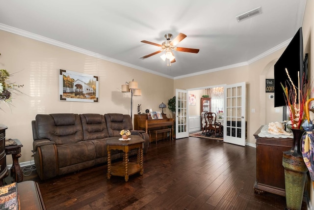 3116 Mapleside Ln, Murfreesboro, TN 37128 - living room featuring french doors, ceiling fan, ornamental molding, wood-type flooring, and arched walkways
