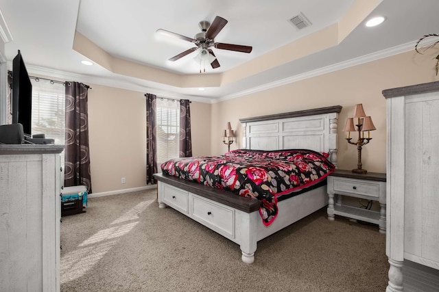 3116 Mapleside Ln, Murfreesboro, TN 37128 - carpeted bedroom with a tray ceiling, ornamental molding, recessed lighting, and a ceiling fan
