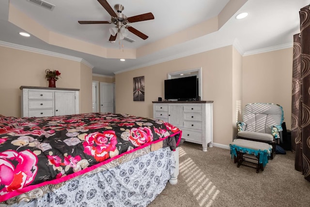 3116 Mapleside Ln, Murfreesboro, TN 37128 - bedroom with a raised ceiling, carpet floors, recessed lighting, ornamental molding, and ceiling fan