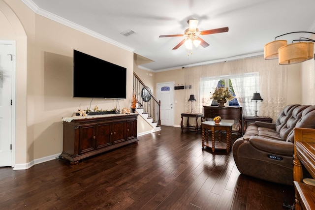 3116 Mapleside Ln, Murfreesboro, TN 37128 - living area featuring ceiling fan, stairs, dark wood-type flooring, and ornamental molding