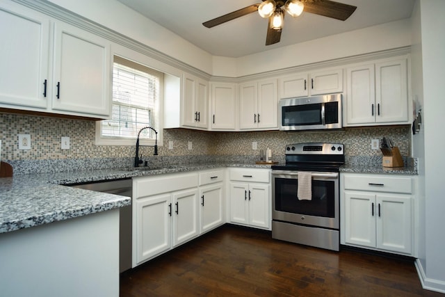 280 Ballygar Ct, Clarksville, TN 37043 - kitchen featuring stainless steel appliances, a ceiling fan, dark wood-type flooring, and white cabinetry