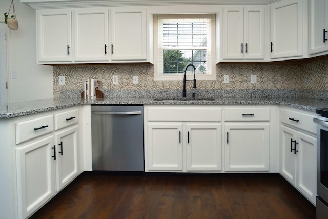 280 Ballygar Ct, Clarksville, TN 37043 - kitchen with dishwasher, backsplash, dark wood-type flooring, and light stone counters