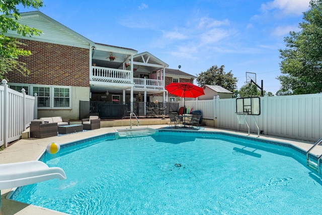 605 Jackson Ave, Carthage, TN 37030 - view of swimming pool with a water slide, an outdoor hangout area, a fenced backyard, a patio area, and ceiling fan