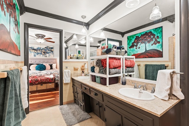 605 Jackson Ave, Carthage, TN 37030 - full bathroom featuring connected bathroom, crown molding, tile walls, double vanity, and tile patterned flooring