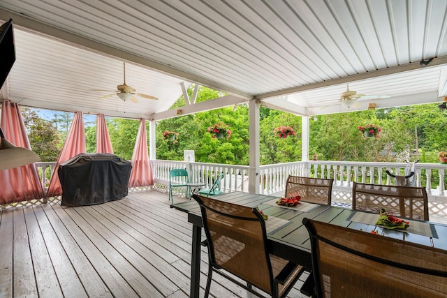 605 Jackson Ave, Carthage, TN 37030 - wooden deck with a ceiling fan, outdoor dining area, and a grill