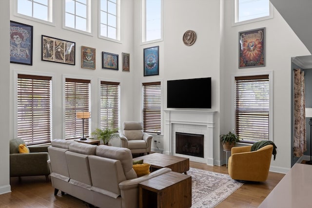 1588 Cobbler Ct, Chattanooga, TN 37421 - living area featuring a towering ceiling, a brick fireplace, plenty of natural light, and wood finished floors