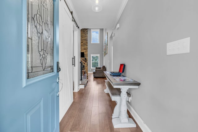 267 Alonzo Pl, Cunningham, TN 37052 - entryway featuring a barn door, wood finished floors, and ornamental molding