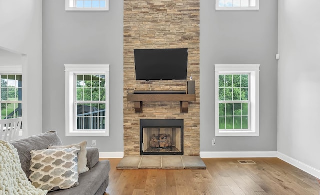 267 Alonzo Pl, Cunningham, TN 37052 - living room featuring wood finished floors, a towering ceiling, and a stone fireplace