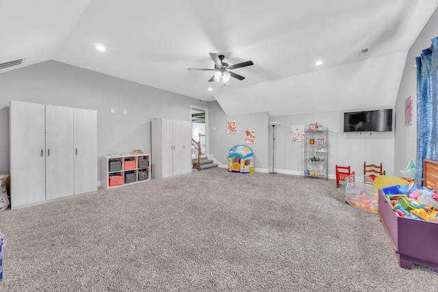 267 Alonzo Pl, Cunningham, TN 37052 - recreation room with vaulted ceiling, a ceiling fan, carpet floors, and recessed lighting
