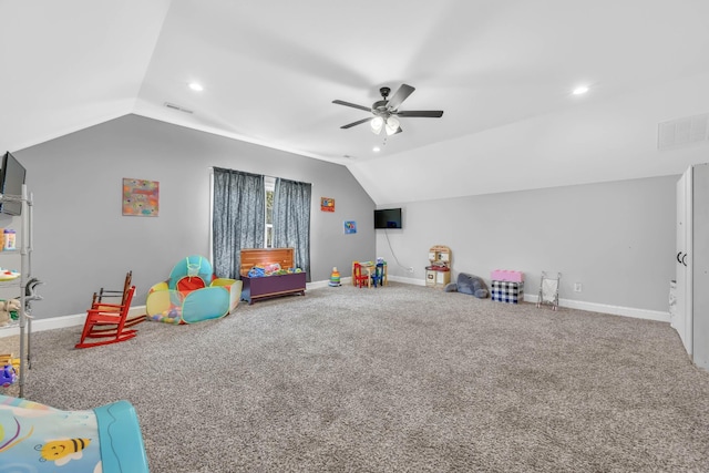 267 Alonzo Pl, Cunningham, TN 37052 - recreation room with vaulted ceiling, a ceiling fan, recessed lighting, and carpet flooring