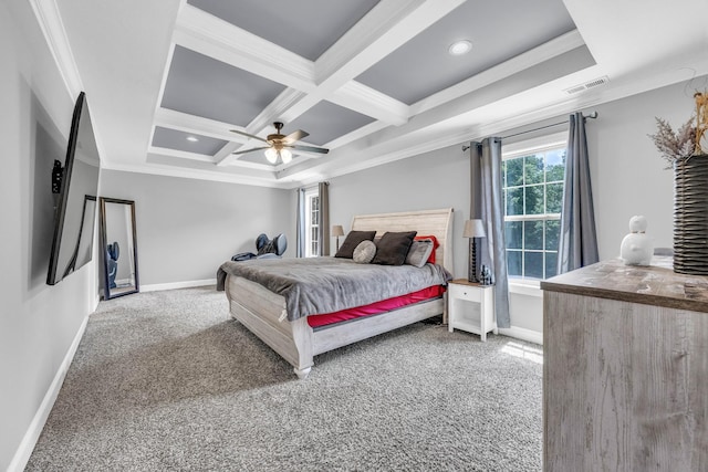 267 Alonzo Pl, Cunningham, TN 37052 - carpeted bedroom featuring crown molding, coffered ceiling, beam ceiling, ceiling fan, and recessed lighting