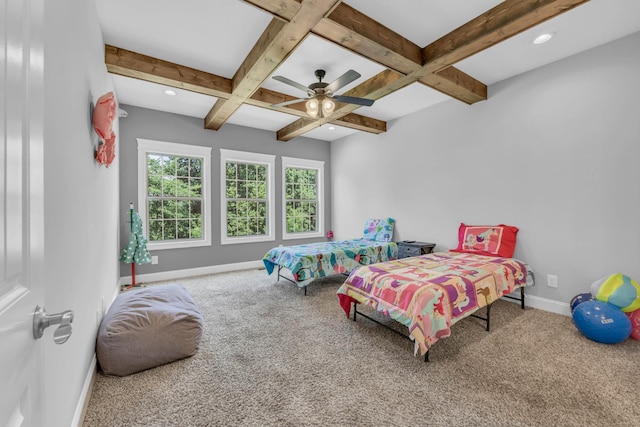 267 Alonzo Pl, Cunningham, TN 37052 - carpeted bedroom with coffered ceiling, beam ceiling, recessed lighting, and ceiling fan