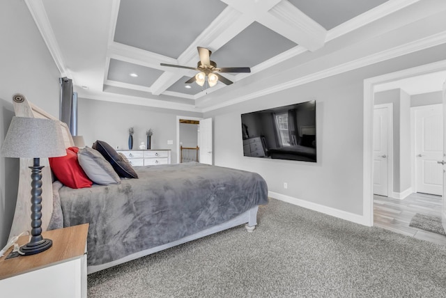 267 Alonzo Pl, Cunningham, TN 37052 - carpeted bedroom featuring coffered ceiling, ornamental molding, beam ceiling, and a ceiling fan