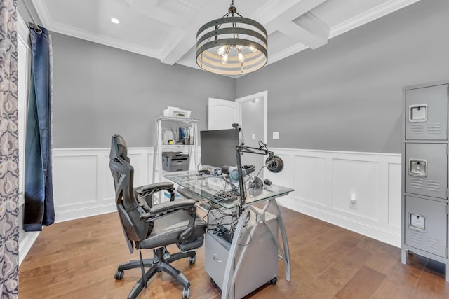 267 Alonzo Pl, Cunningham, TN 37052 - home office featuring beamed ceiling, crown molding, coffered ceiling, a chandelier, and wood finished floors