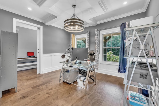 267 Alonzo Pl, Cunningham, TN 37052 - office featuring crown molding, a chandelier, hardwood / wood-style floors, beamed ceiling, and coffered ceiling