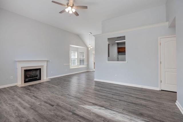 3044 Stone Bridge Rd, Antioch, TN 37013 - unfurnished living room featuring ceiling fan, lofted ceiling, dark wood-style flooring, and a fireplace with flush hearth