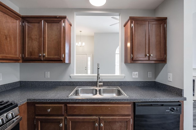 3044 Stone Bridge Rd, Antioch, TN 37013 - kitchen with black dishwasher, dark countertops, stainless steel range with gas stovetop, and a chandelier