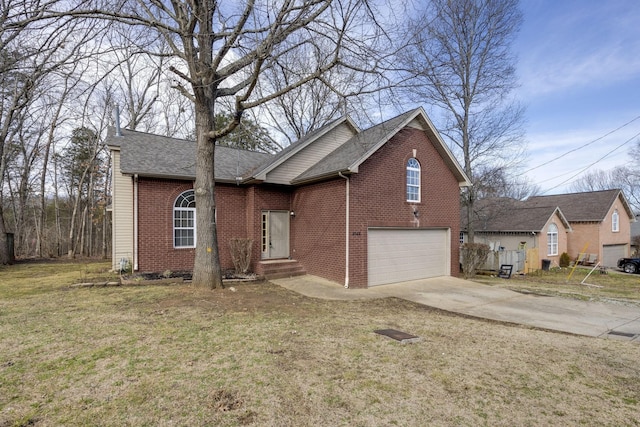 3044 Stone Bridge Rd, Antioch, TN 37013 - view of front of home with an attached garage, brick siding, concrete driveway, roof with shingles, and a front yard