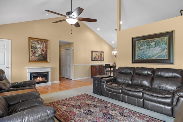 2007 New Castle Rd, Spring Hill, TN 37174 - living room featuring ceiling fan, high vaulted ceiling, a lit fireplace, and recessed lighting