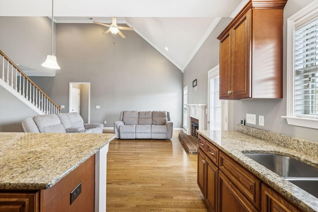 8005 Ragusa Cir, Spring Hill, TN 37174 - kitchen with a ceiling fan, open floor plan, light wood finished floors, a fireplace, and brown cabinetry