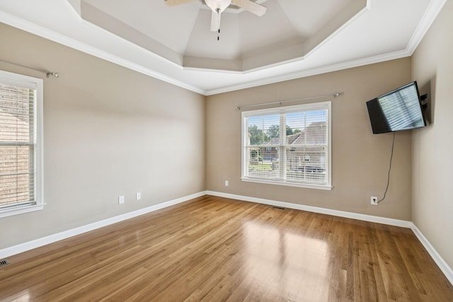 8005 Ragusa Cir, Spring Hill, TN 37174 - unfurnished room with wood finished floors, a tray ceiling, ceiling fan, and ornamental molding