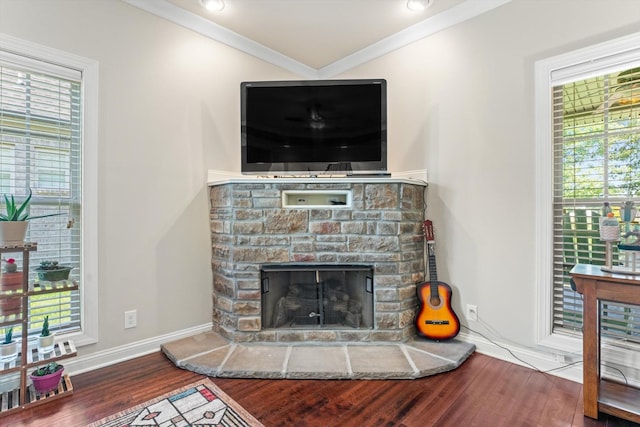 2950 Prince Dr, Clarksville, TN 37043 - living area featuring wood finished floors, crown molding, plenty of natural light, and a fireplace with raised hearth