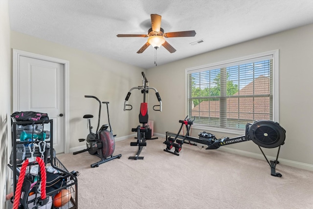 2950 Prince Dr, Clarksville, TN 37043 - exercise area with a ceiling fan, carpet, and a textured ceiling