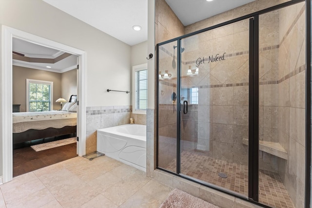 2950 Prince Dr, Clarksville, TN 37043 - ensuite bathroom featuring a garden tub, crown molding, a stall shower, and recessed lighting