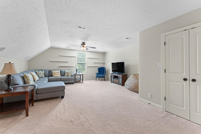 2950 Prince Dr, Clarksville, TN 37043 - living room featuring a ceiling fan, light carpet, a textured ceiling, and lofted ceiling