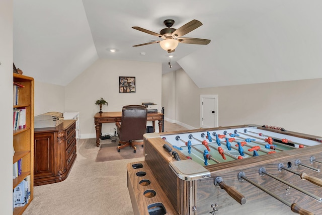 9003 Oden Ct, Brentwood, TN 37027 - recreation room featuring vaulted ceiling, a ceiling fan, light colored carpet, and a desk