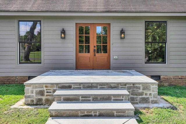 9003 Oden Ct, Brentwood, TN 37027 - entrance to property with crawl space, french doors, and roof with shingles