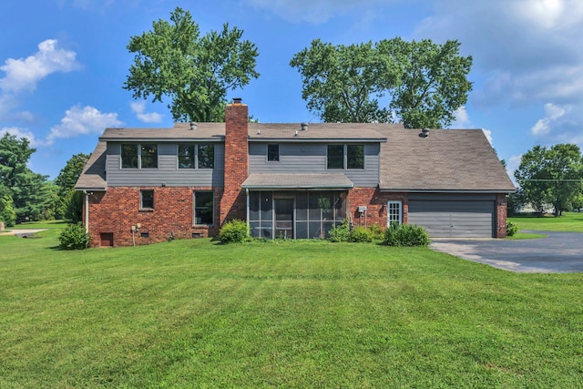 9003 Oden Ct, Brentwood, TN 37027 - view of front facade with a chimney, brick siding, a sunroom, a garage, and driveway