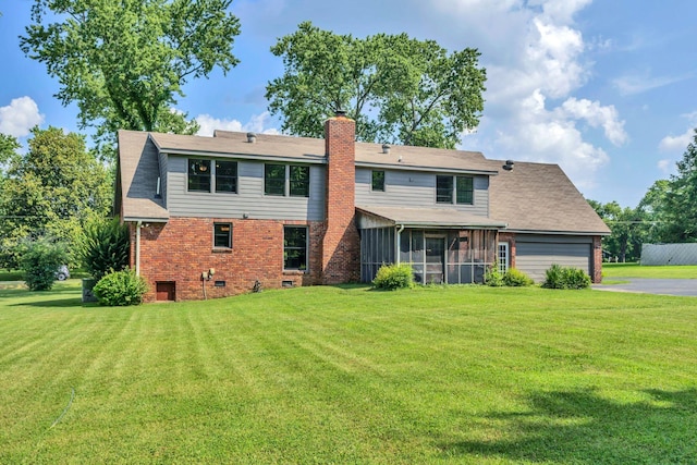 9003 Oden Ct, Brentwood, TN 37027 - back of property with a sunroom, a yard, and a chimney