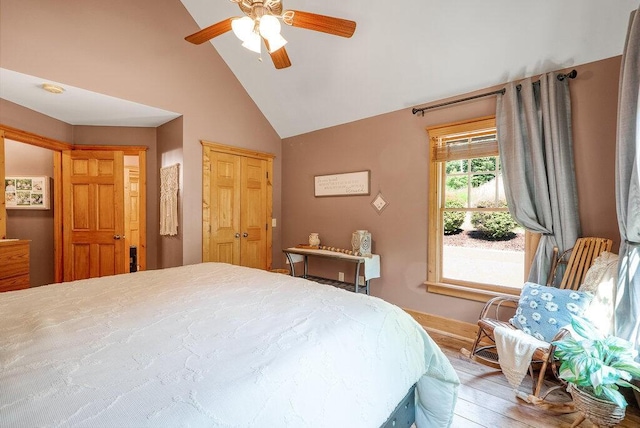 647 Omega Dr, Spring City, TN 37381 - bedroom with wood finished floors, high vaulted ceiling, a ceiling fan, and a closet