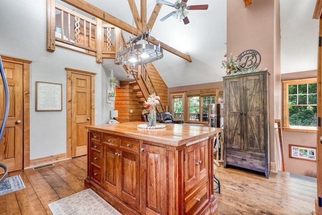 647 Omega Dr, Spring City, TN 37381 - kitchen featuring wooden counters, high vaulted ceiling, light wood-style floors, a ceiling fan, and a kitchen island