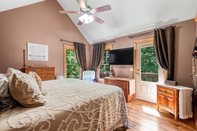647 Omega Dr, Spring City, TN 37381 - bedroom featuring light wood finished floors, multiple windows, high vaulted ceiling, and ceiling fan
