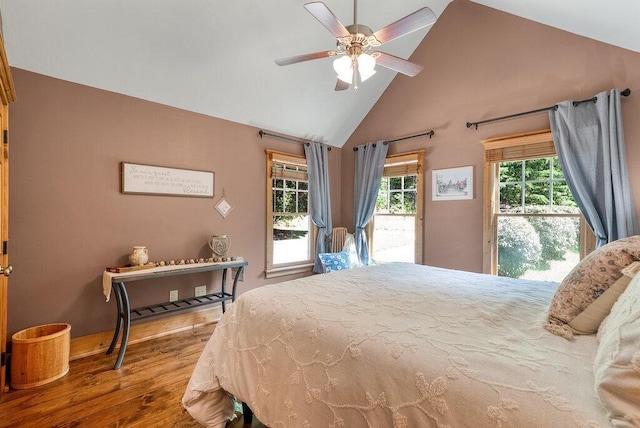 647 Omega Dr, Spring City, TN 37381 - bedroom featuring wood finished floors, high vaulted ceiling, and a ceiling fan