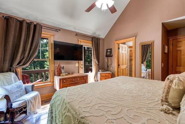 647 Omega Dr, Spring City, TN 37381 - bedroom featuring high vaulted ceiling, wood finished floors, and a ceiling fan