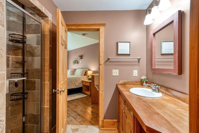 647 Omega Dr, Spring City, TN 37381 - bathroom featuring vanity, a stall shower, ensuite bathroom, and wood-type flooring
