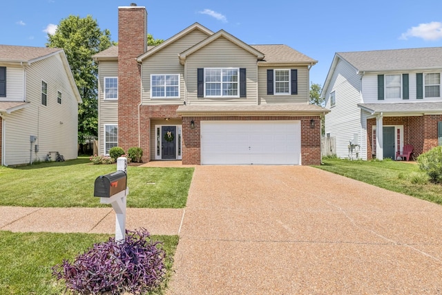 3037 Wilcot Way, Franklin, TN 37069 - traditional home featuring driveway, brick siding, an attached garage, a chimney, and a front lawn
