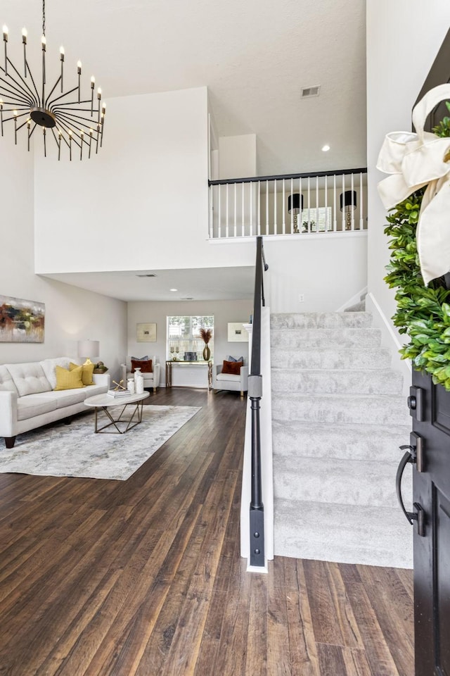 3037 Wilcot Way, Franklin, TN 37069 - entryway with wood finished floors, stairs, a chandelier, a towering ceiling, and recessed lighting
