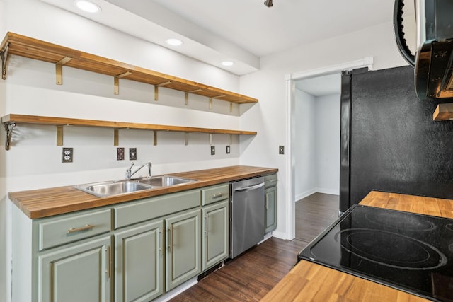 353 Greenleaf Ln, Clarksville, TN 37040 - kitchen with wooden counters, black appliances, open shelves, green cabinets, and recessed lighting