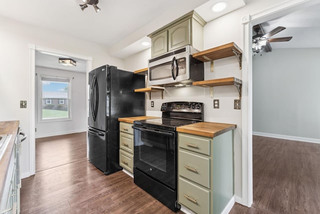353 Greenleaf Ln, Clarksville, TN 37040 - kitchen featuring black appliances, butcher block counters, green cabinets, and open shelves