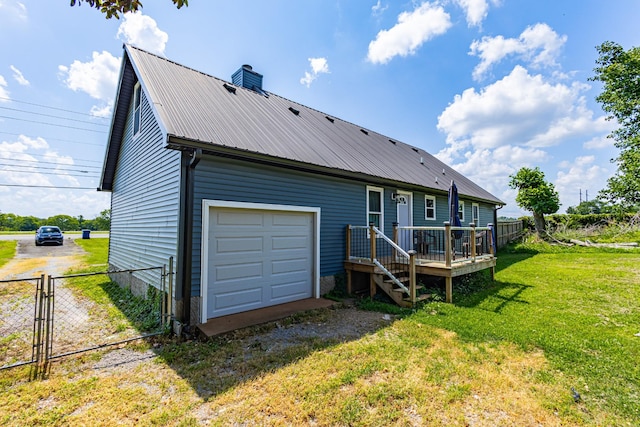 5334 Shelbyville Pike, Christiana, TN 37037 - rear view of property featuring a gate, a metal roof, a wooden deck, a garage, and a chimney