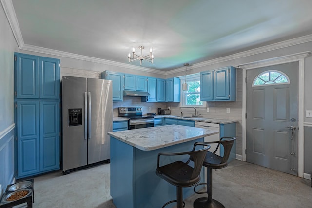 5334 Shelbyville Pike, Christiana, TN 37037 - kitchen with stainless steel appliances, blue cabinets, a chandelier, a kitchen island, and crown molding