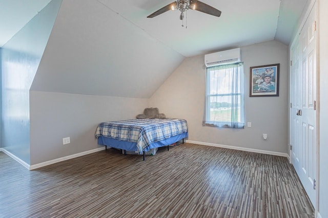 5334 Shelbyville Pike, Christiana, TN 37037 - bedroom with a wall mounted air conditioner, lofted ceiling, wood finished floors, and a ceiling fan