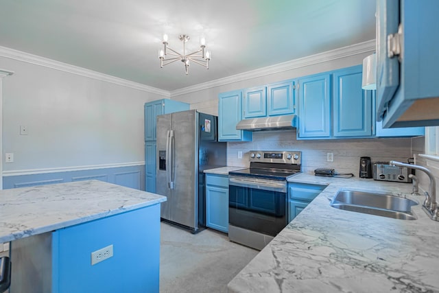 5334 Shelbyville Pike, Christiana, TN 37037 - kitchen featuring appliances with stainless steel finishes, under cabinet range hood, blue cabinetry, crown molding, and a chandelier