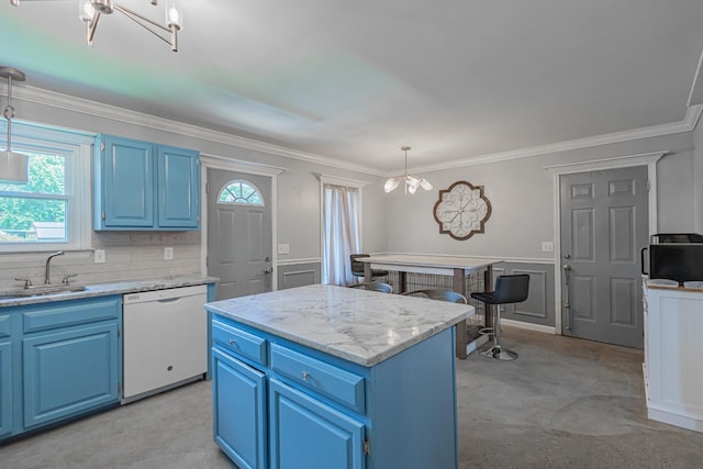 5334 Shelbyville Pike, Christiana, TN 37037 - kitchen with dishwasher, blue cabinets, crown molding, healthy amount of natural light, and a decorative wall