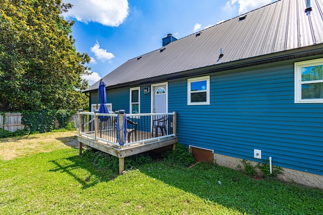 5334 Shelbyville Pike, Christiana, TN 37037 - back of property with a metal roof, a wooden deck, and a chimney