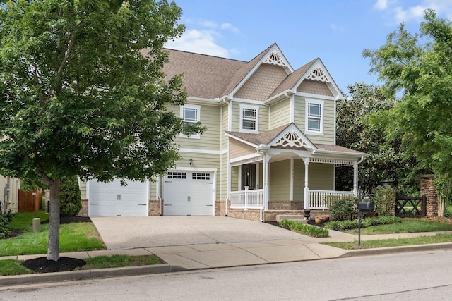 1000 Swanson Ln, Franklin, TN 37064 - victorian-style house featuring a porch, concrete driveway, an attached garage, and a shingled roof